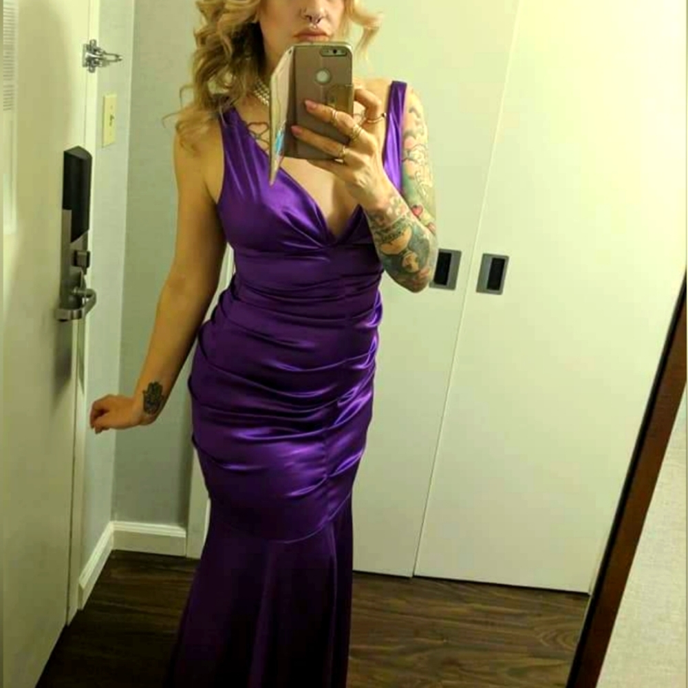 Evening gown formal dress wedding prom purple satin sexy long
